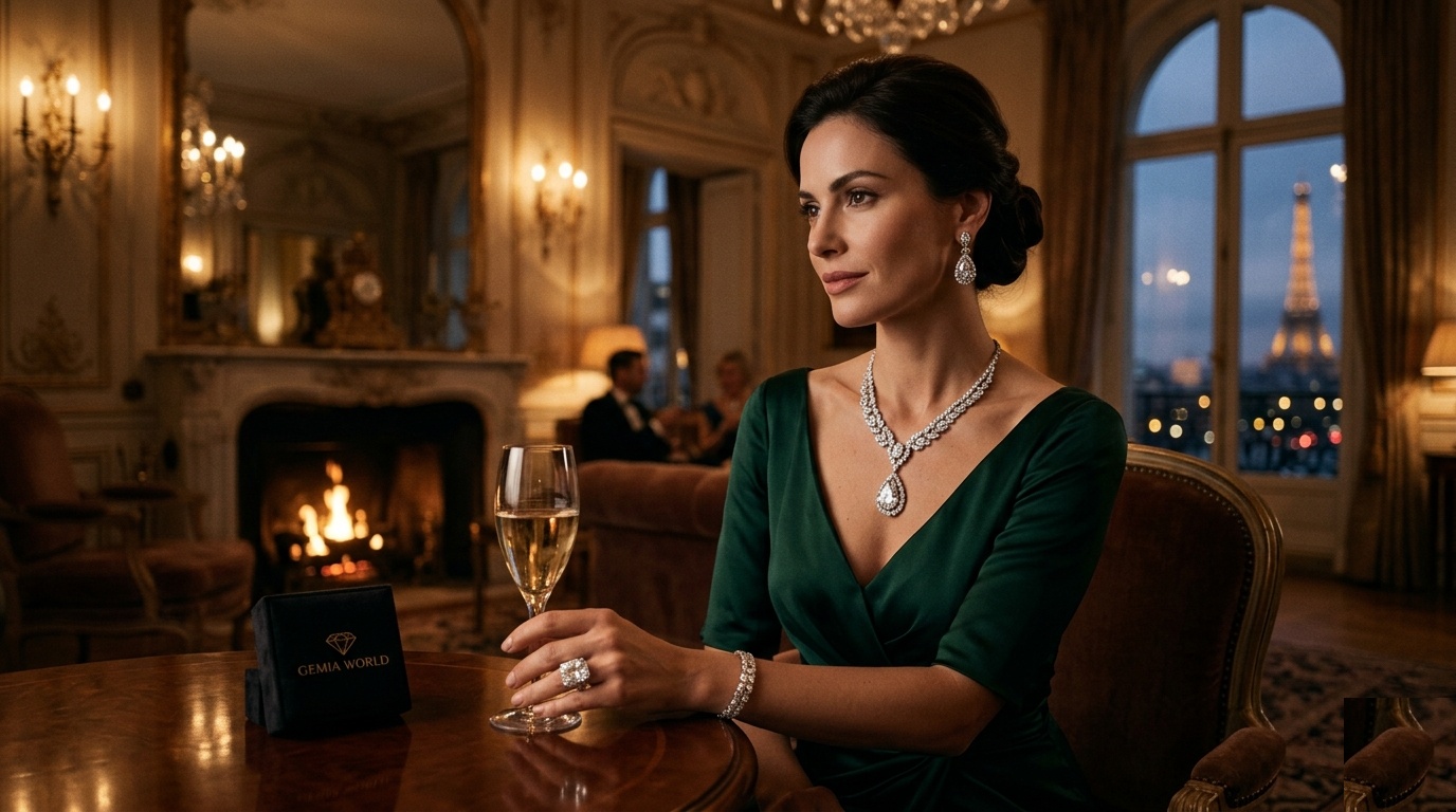A GEMIA client wearing a full bespoke diamond set — necklace, earrings, bracelet and ring — in a private Parisian salon